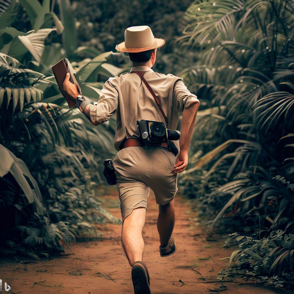 El arqueólogo perdido y confundido en la selva, rodeado por árboles y vegetación. Estilo Caótico y desorientador, con líneas curvas y colores intensos.
